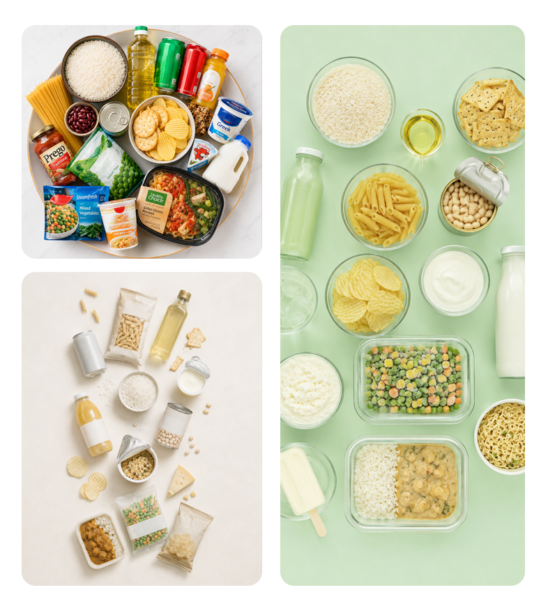 Fresh groceries and prepared foods arranged in a clean collage