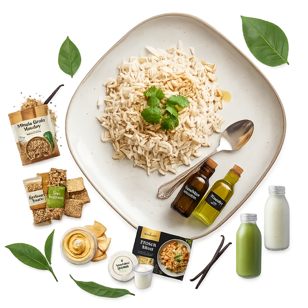 Healthy foods arranged around a rice plate