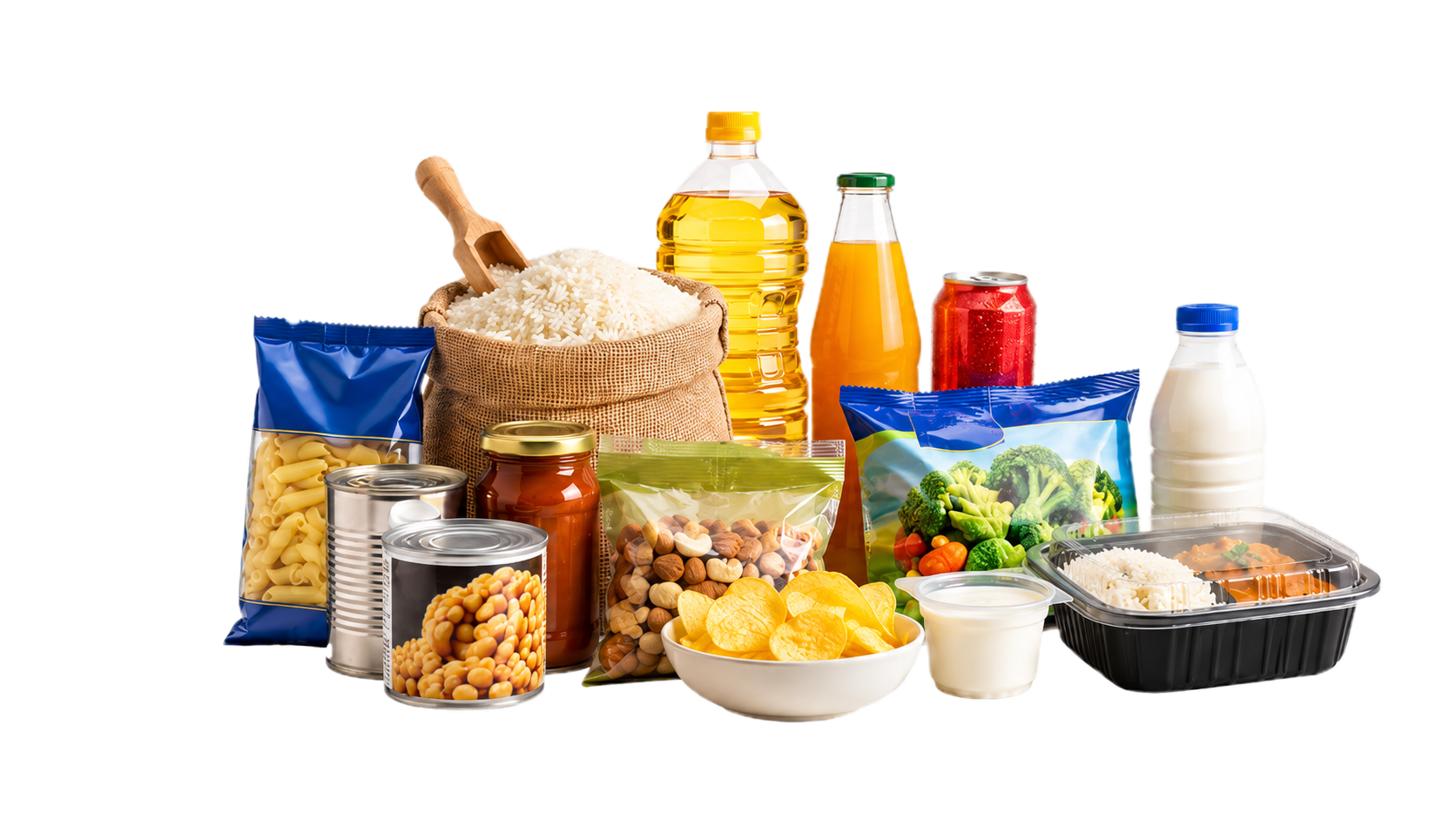 Almfood AB grocery products including rice, oil, milk, snacks, canned goods, and ready meals