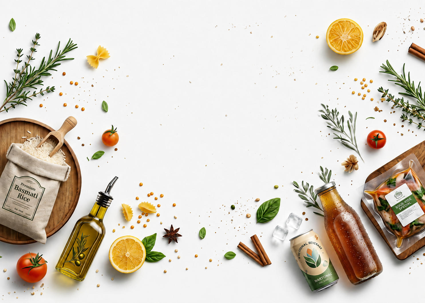 Fresh pantry foods, herbs, drinks, and ready meals arranged around a clean table