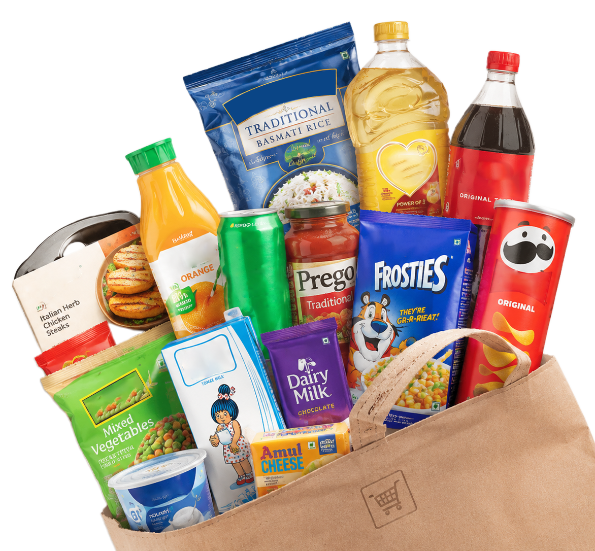 Fresh grocery products arranged inside a shopping bag